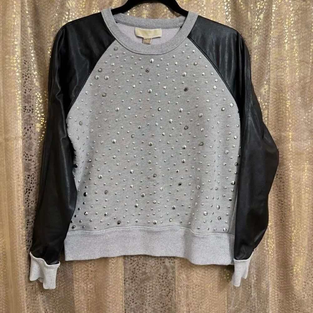 Michael Kors Gray Black Studded Raglan Faux Leather Sleeve Sweater Small